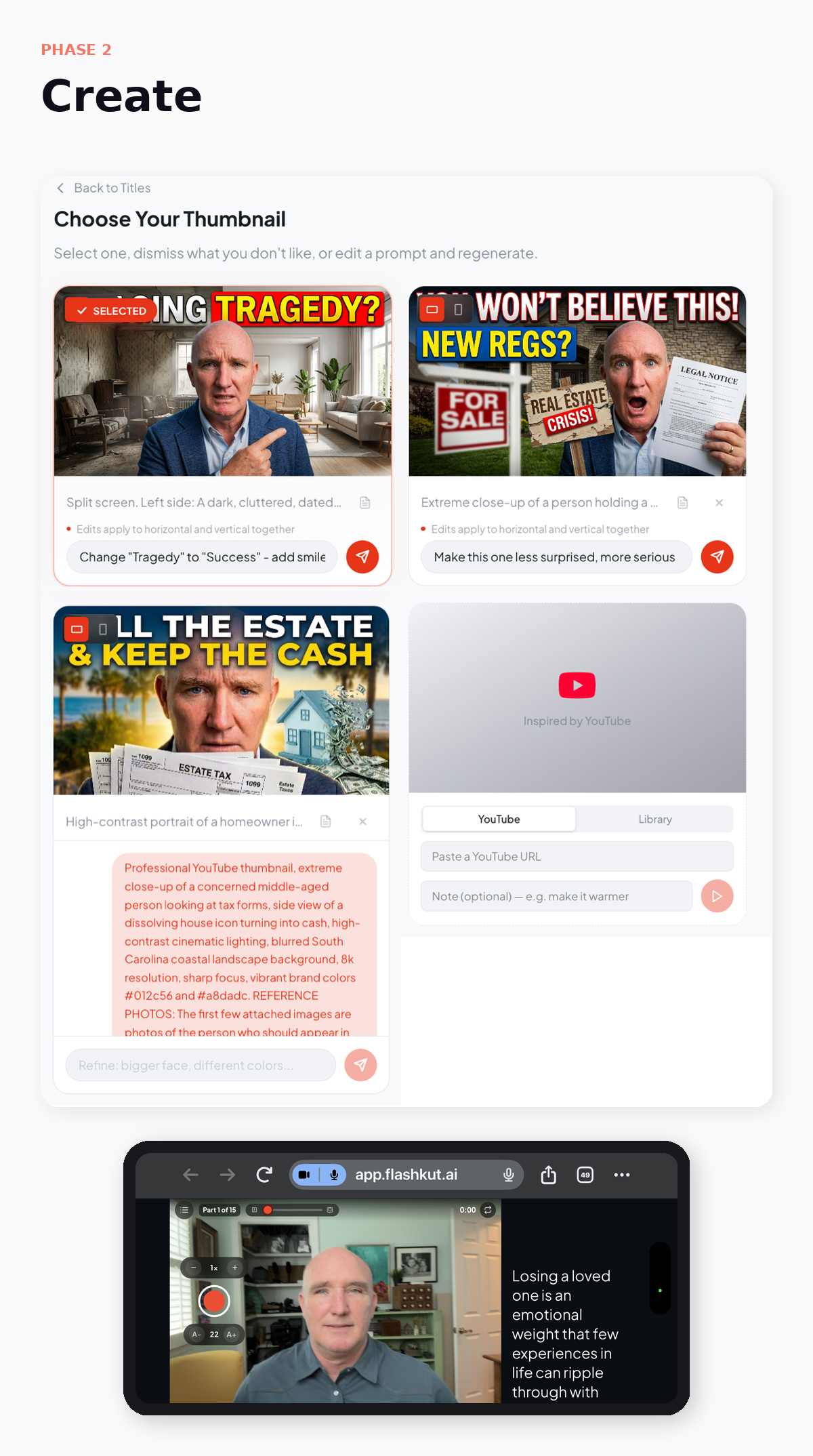 Flashkut Create phase — Thumbnail picker and mobile teleprompter