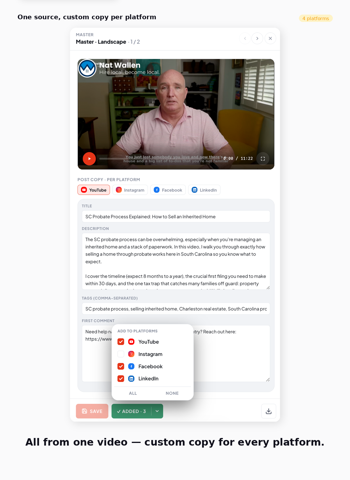 Flashkut Distribute phase — one source video with custom post copy per platform