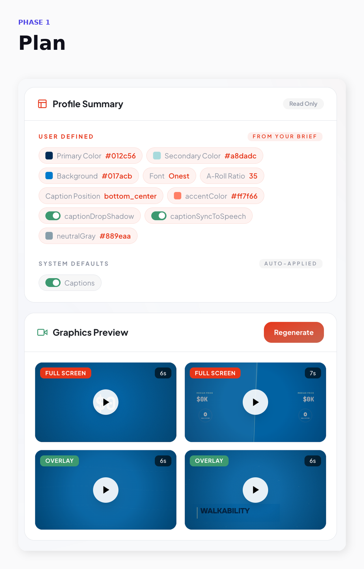 Flashkut Plan phase — Brand profile and Graphics Preview UI