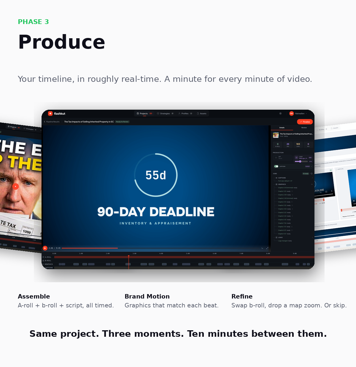 Flashkut Produce phase — Timeline editor with motion graphics